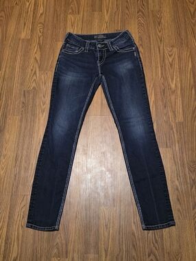 Silver Jeans Suki Skinny Women's W27 L31 Dark Blue Thick Stitch Denim Flap F19